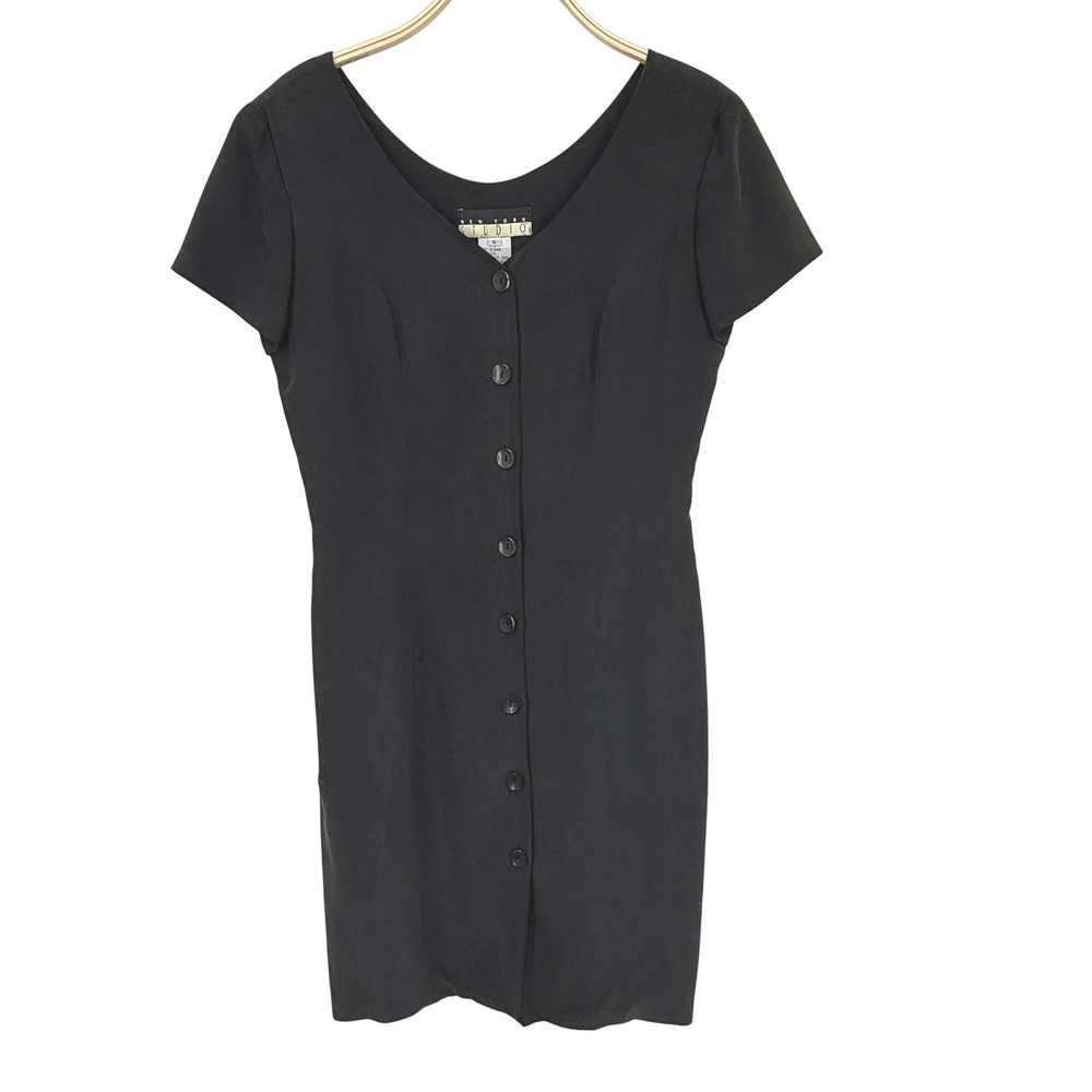 New York Studio Button Front Dress Womens 6 Black Good 100% Silk V-Neck Vintage